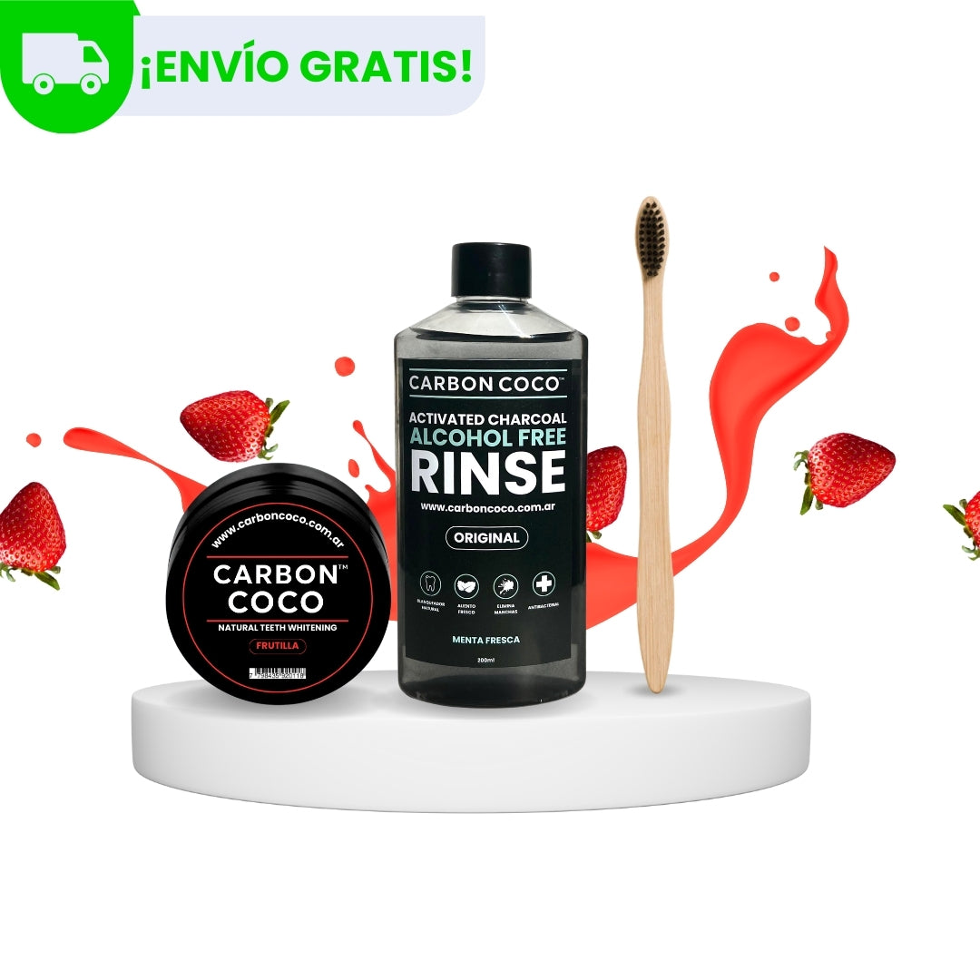 Carbón Coco™ Blanqueador Dental Sabor Frutilla + Carbón Coco™ Enjuague Bucal + Cepillo de Bambú