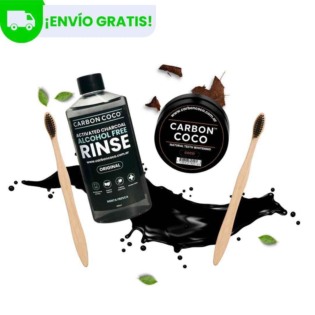 Carbón Coco™ Blanqueador Dental Sabor Coco + Carbón Coco™ Enjuague Bucal + 2 Cepillos de Bambú