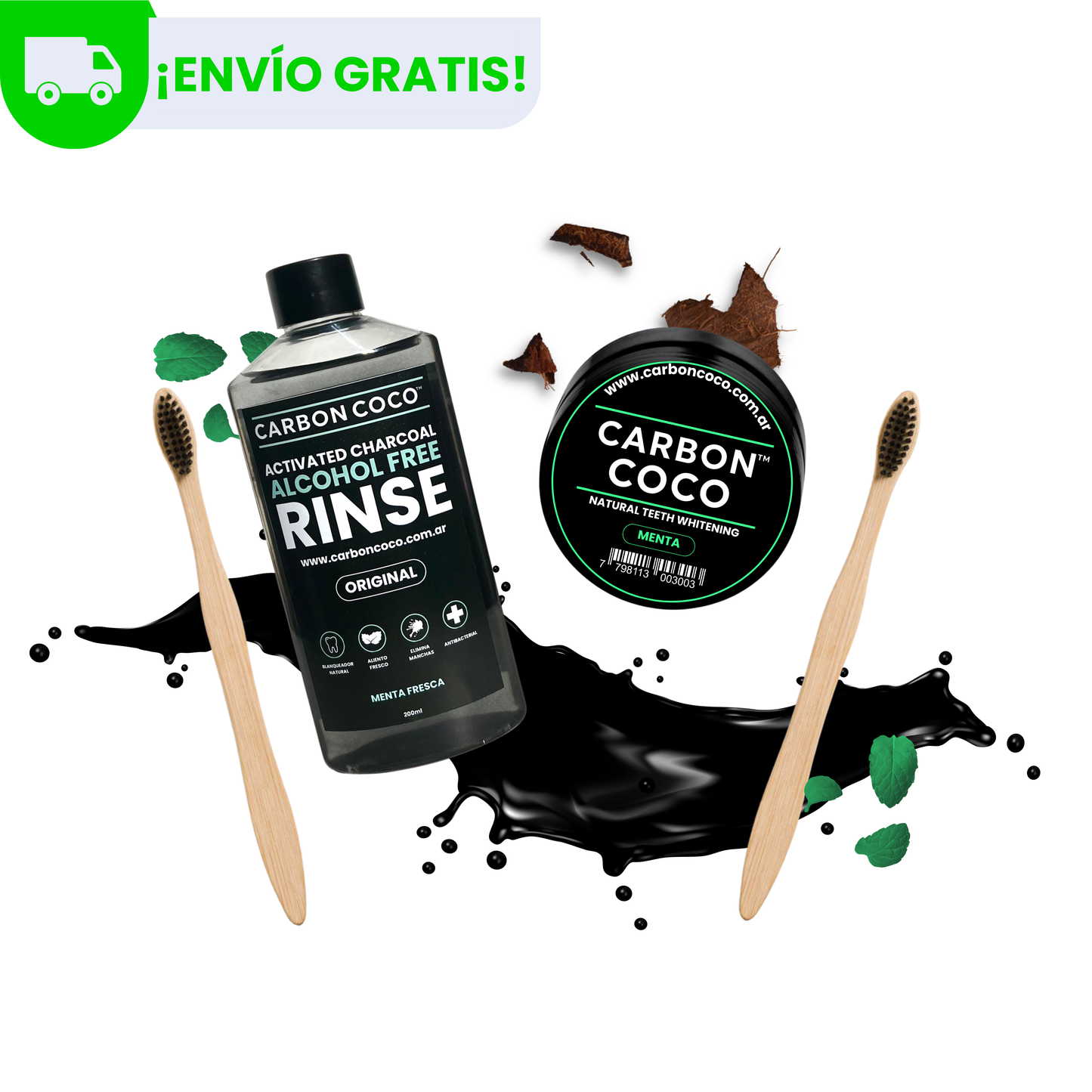 Carbón Coco™ Blanqueador Dental Sabor Menta + Carbón Coco™ Enjuague Bucal + 2 Cepillos de Bambú