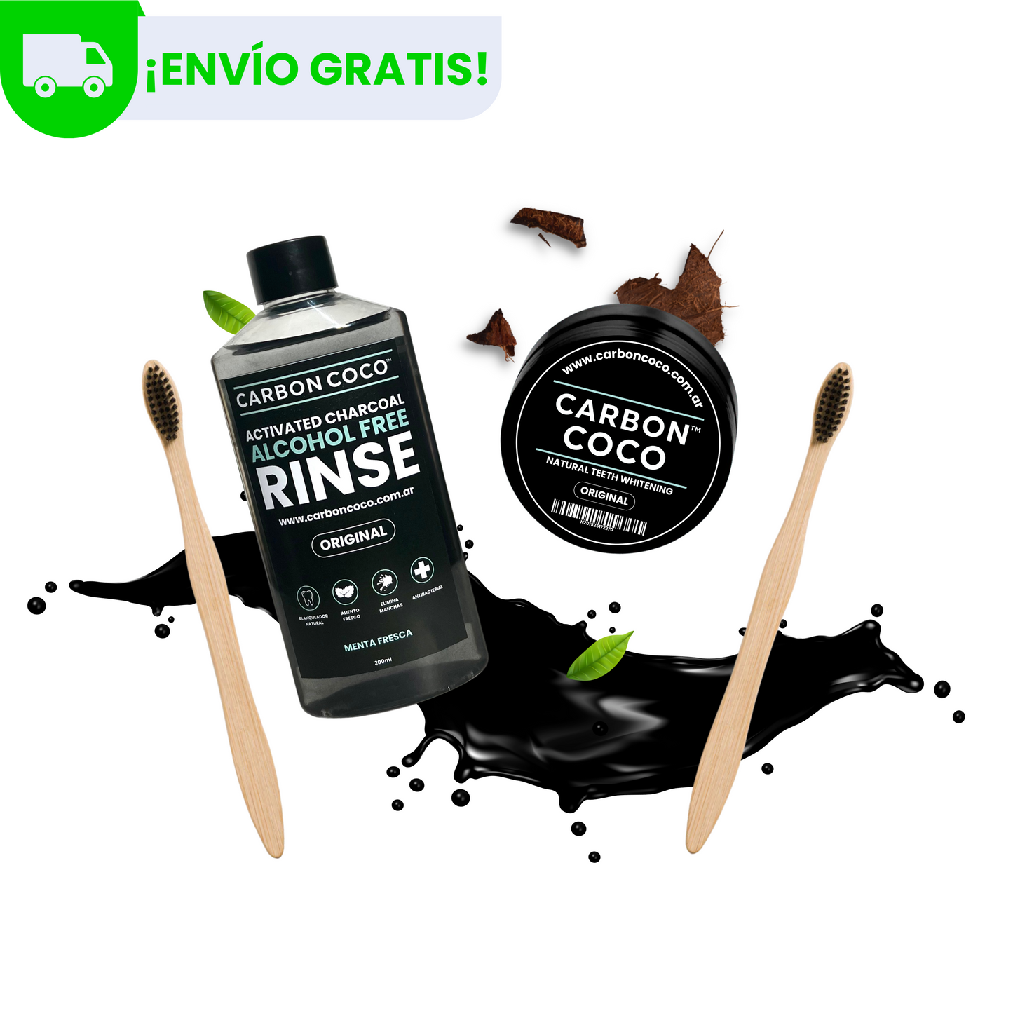 Carbón Coco™ Blanqueador Dental Sabor Original + Carbón Coco™ Enjuague Bucal + 2 Cepillos de Bambú