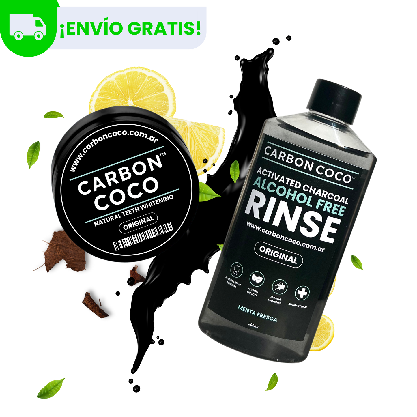 Carbón Coco™ Blanqueador Dental Sabor Original + Carbón Coco™ Enjuague Bucal