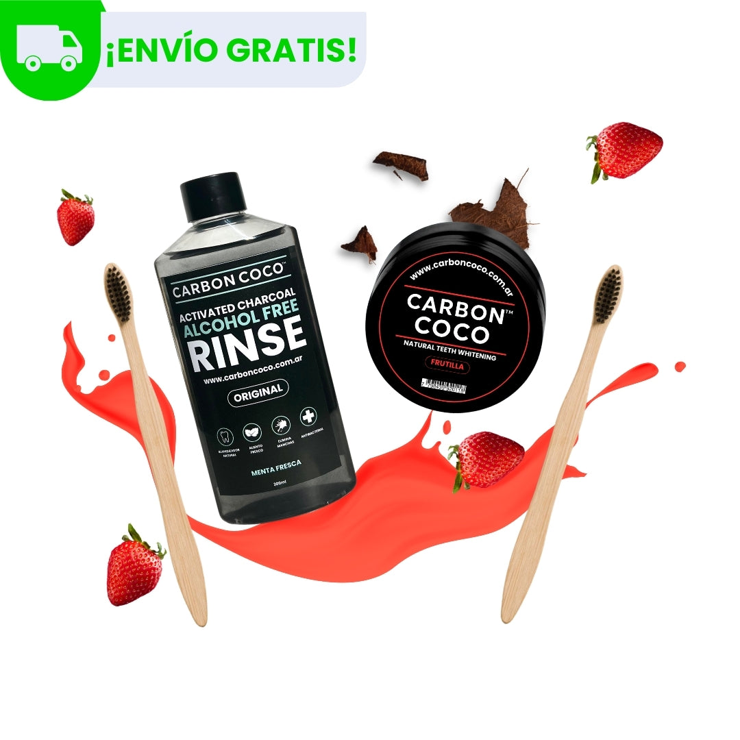 Carbón Coco™ Blanqueador Dental Sabor Frutilla + Carbón Coco™ Enjuague Bucal + 2 Cepillos de Bambú