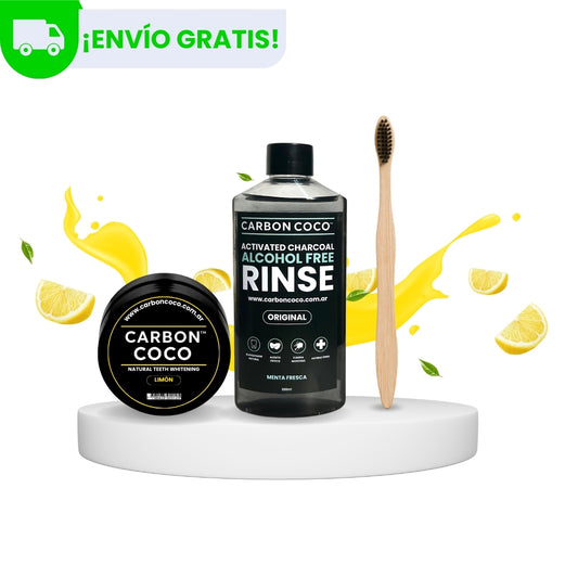 Carbón Coco™ Blanqueador Dental Sabor Limón + Carbón Coco™ Enjuague Bucal + Cepillo de Bambú