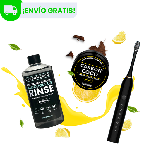 Blanqueador Dental Sabor Limón + Enjuague Bucal + Cepillo Eléctrico Carbón Coco™