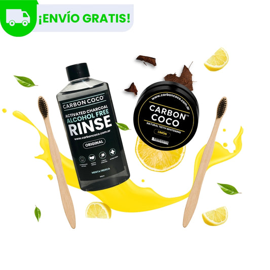 Carbón Coco™ Blanqueador Dental Sabor Limón + Carbón Coco™ Enjuague Bucal + 2 Cepillos de Bambú
