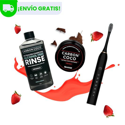Blanqueador Dental Sabor Frutilla + Enjuague Bucal + Cepillo Eléctrico Carbón Coco™
