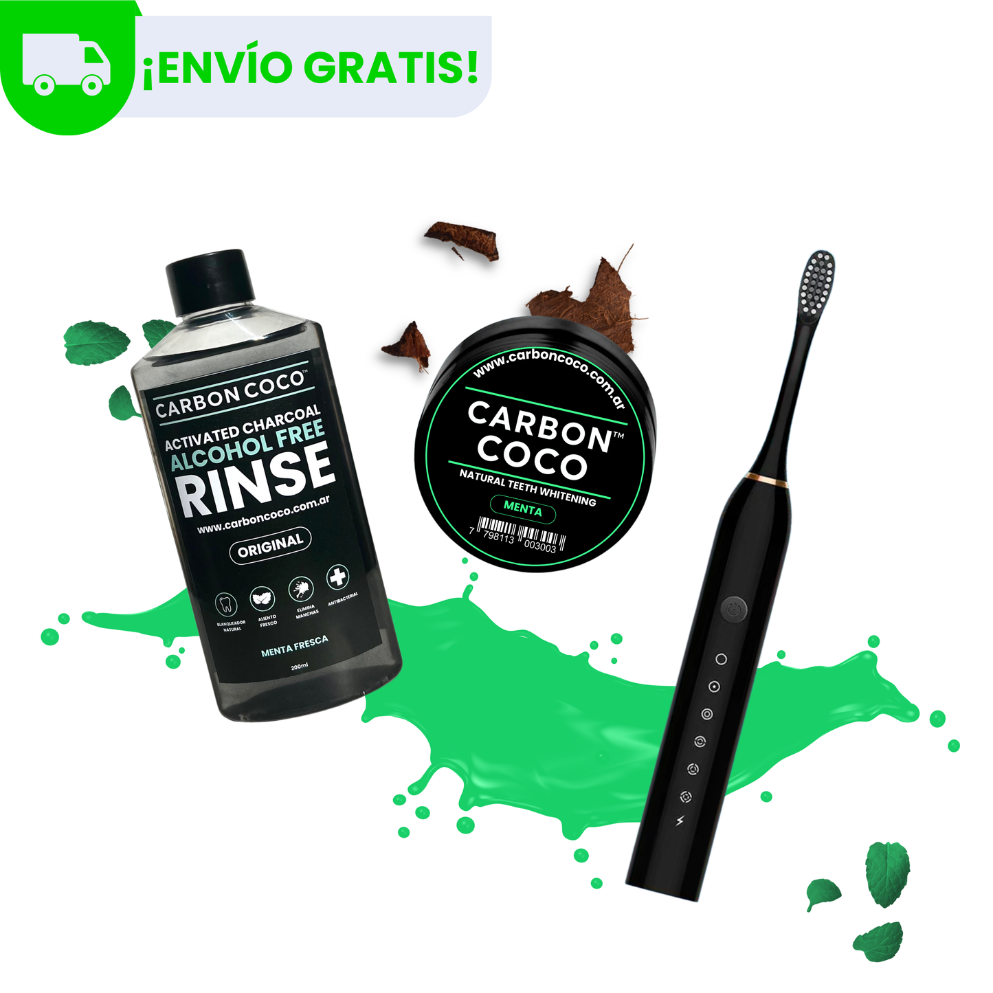 Blanqueador Dental Sabor Menta + Carbón Coco™ Enjuague Bucal + Cepillo Eléctrico Carbón Coco™
