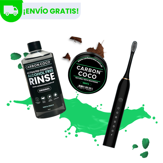 Blanqueador Dental Sabor Menta + Carbón Coco™ Enjuague Bucal + Cepillo Eléctrico Carbón Coco™