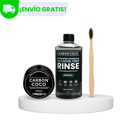 Carbón Coco™ Blanqueador Dental Sabor Original + Carbón Coco™ Enjuague Bucal + Cepillo de Bambú