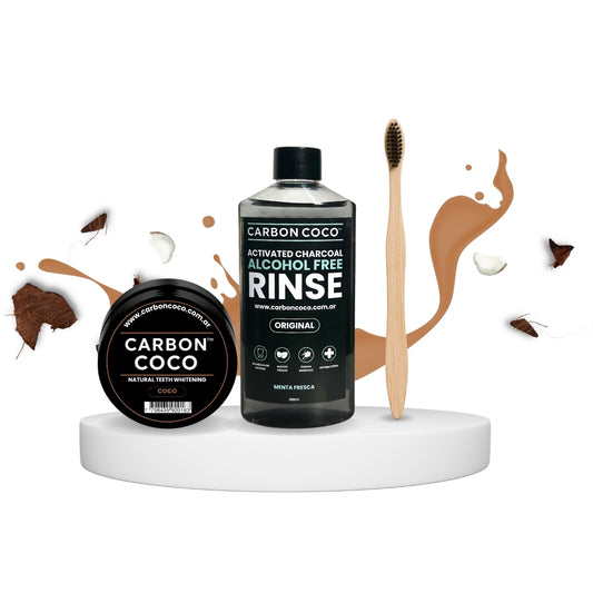 Carbón Coco™ Blanqueador Dental Sabor Coco + Carbón Coco™ Enjuague Bucal + Cepillo de Bambú