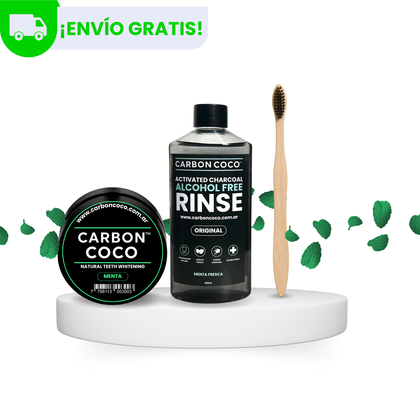 Carbón Coco™ Blanqueador Dental Sabor Menta + Carbón Coco™ Enjuague Bucal + Cepillo de Bambú